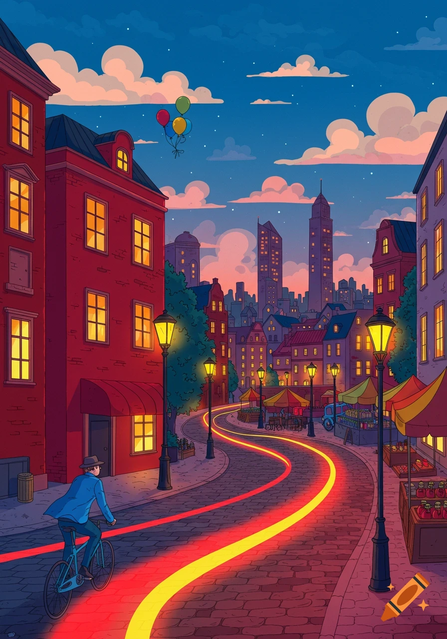 Whimsical digital illustration of a person on a bike on a glowing street in a vibrant city at dusk, with buildings and market stalls.