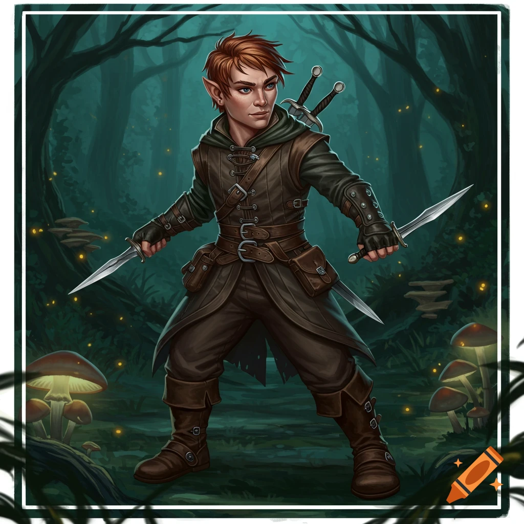 A red-haired fantasy elf rogue in leather armor holds two daggers in a dark, magical forest with glowing mushrooms.
