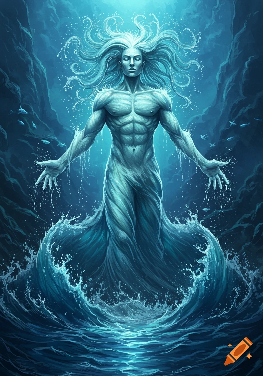 A muscular, god-like figure made of swirling water, with long flowing water hair, stands amidst crashing waves in a dark aquatic cave.