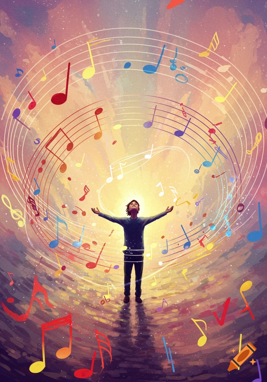 A person with outstretched arms stands in a glowing light surrounded by swirling colorful music notes and staffs in a stylized digital painting.