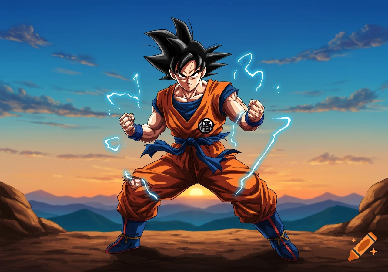 Anime illustration of Son Goku powering up with blue electrical energy, standing in an arid landscape at sunset.