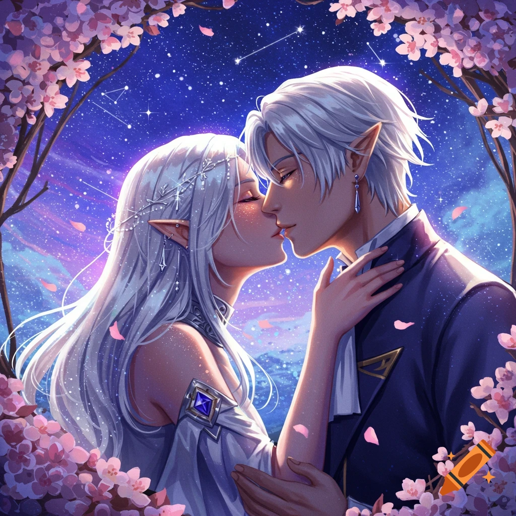 Two white-haired elves kiss under a starry night sky framed by pink cherry blossoms in a fantasy anime style.