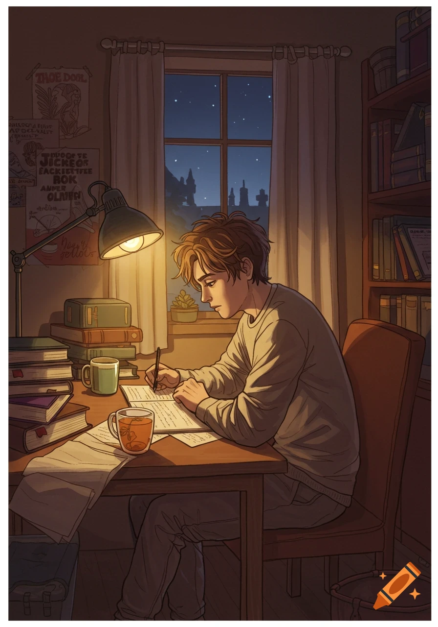 Anime-style illustration of a young man studying at a desk in a dimly lit room at night.