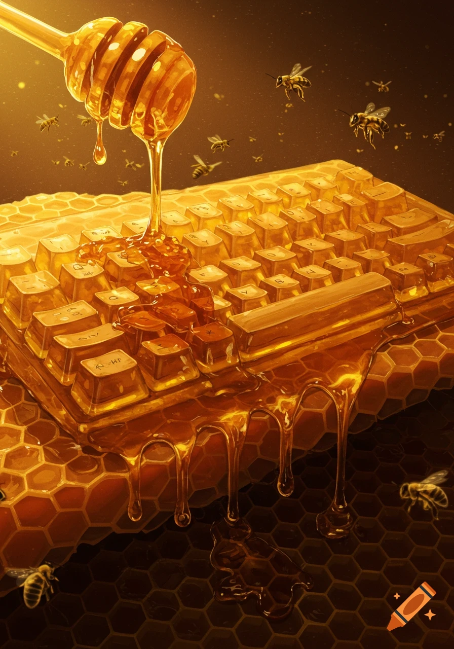 A honey-drizzled keyboard sits on a honeycomb surface, with honey dripping down. Bees fly around in golden light.