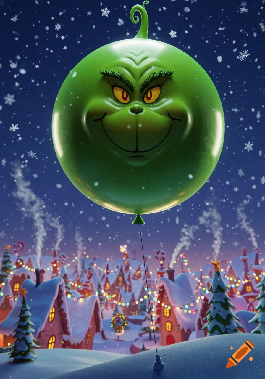 A gigantic green Grinch-faced balloon floats over a snowy, festive village under a night sky with falling snowflakes. 3D illustration.