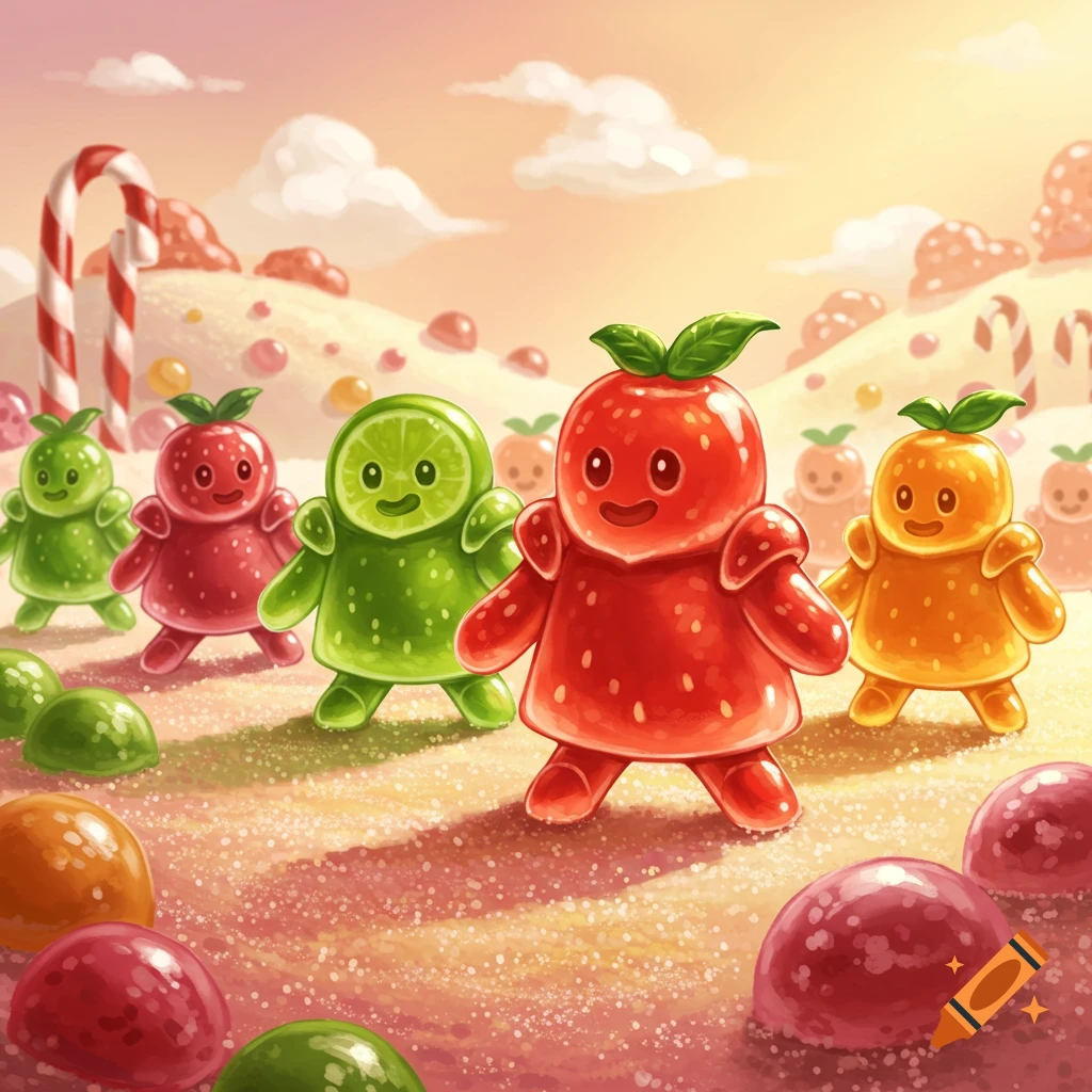 Vibrant cartoon of anthropomorphic fruit candies (strawberry, lime, orange) in a whimsical candy land.