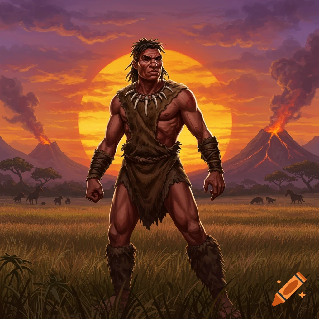 A strong, muscular prehistoric man wearing furs and a bone necklace stands in a grassy field under an orange sunset with erupting volcanoes.