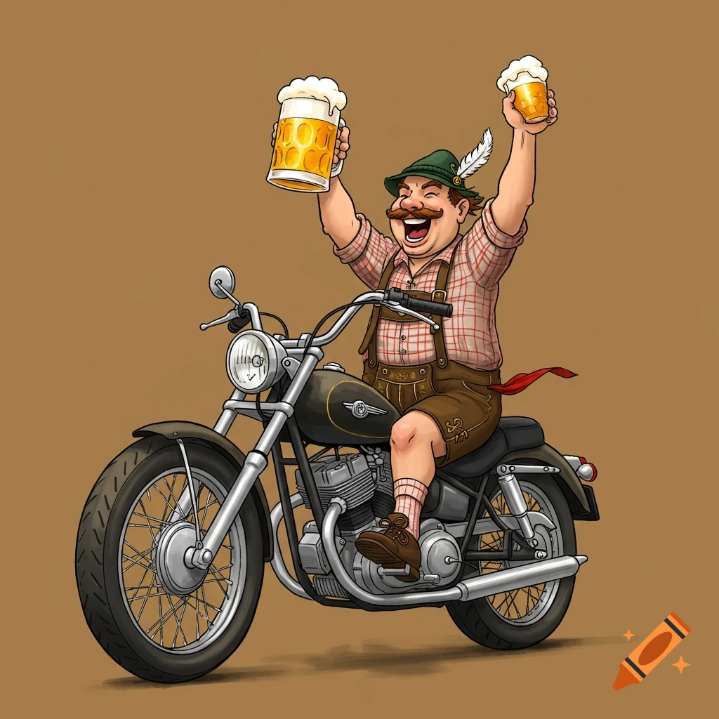 A jovial cartoon man in lederhosen and a feathered hat rides a motorcycle, holding up two steins of foamy beer.