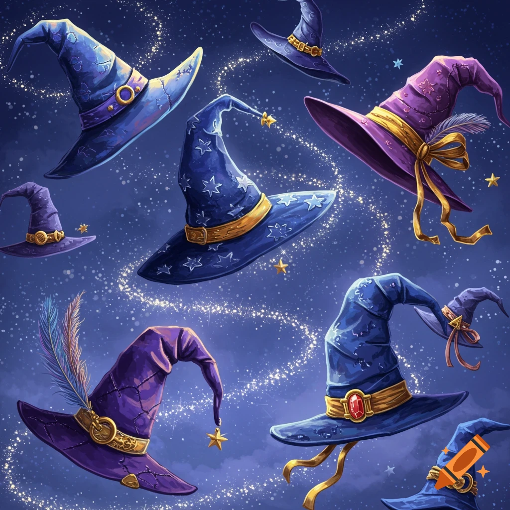Multiple detailed wizard hats in shades of blue and purple float against a dark, starry sky with sparkling trails.