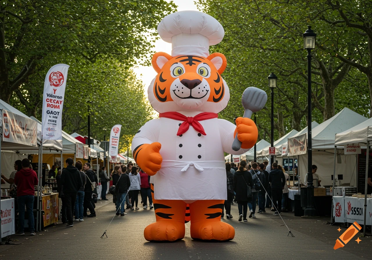 A large inflatable tiger chef mascot holding a spatula stands at an outdoor market with vendor stalls and people.