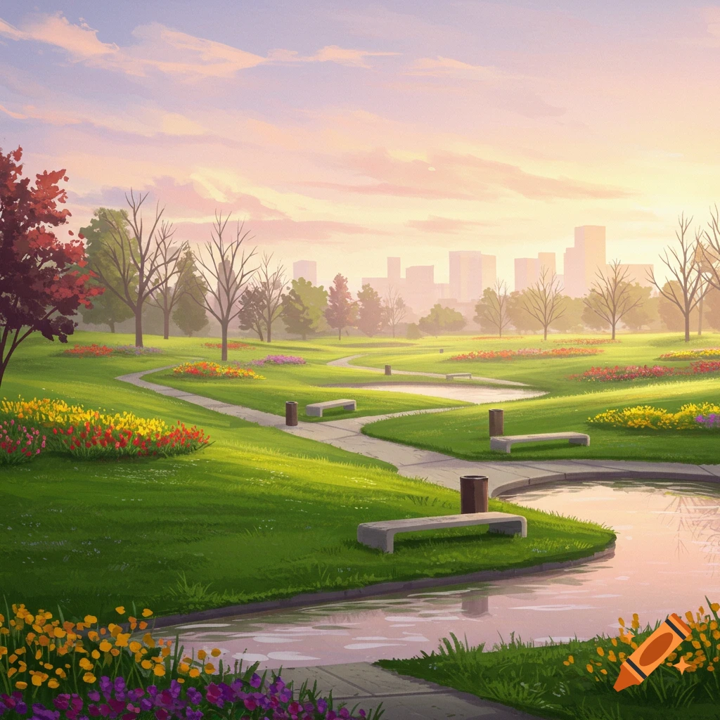 A vibrant digital painting of a lush park with winding paths, a pond, colorful flowers, and trees under a pastel sky, with a city skyline in the distance.