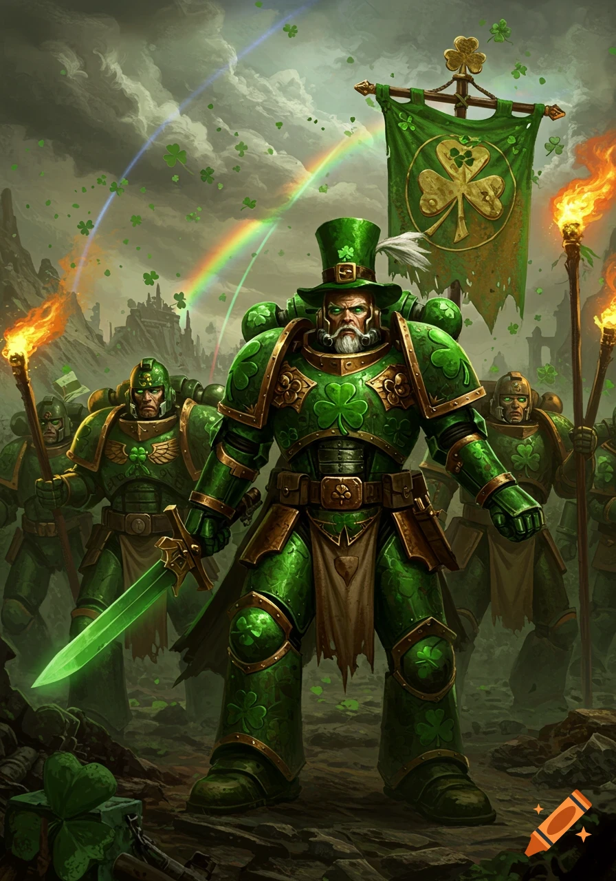 St. Patrick's Day themed Space Marines in green armor, holding swords and torches, under a rainbow with falling shamrocks.