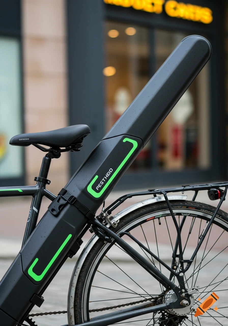 A black bicycle with a long, dark grey fishing rod case attached to its frame, parked on a city street.