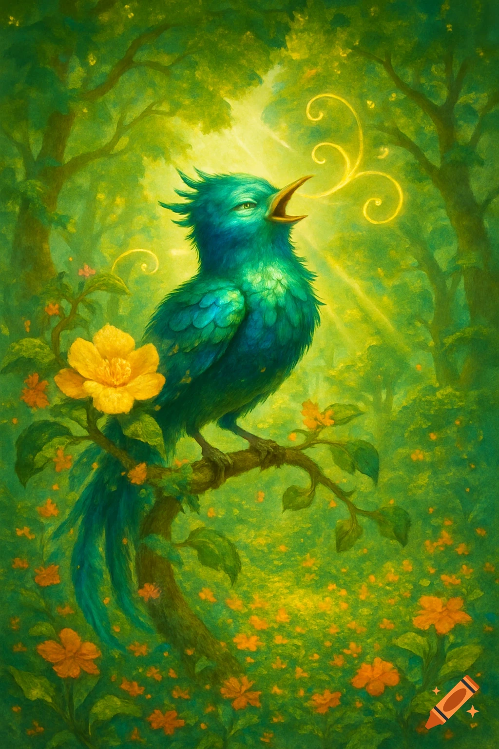 A vibrant teal-green bird singing with golden magic swirls on a branch in a lush, green fantasy forest with colorful flowers. Painterly.