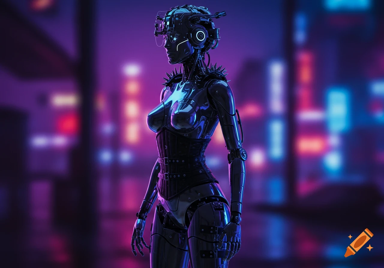 Photorealistic robotic woman with chrome skin and cybernetic headgear wearing a studded corset, standing against a blurred neon cyberpunk city background.