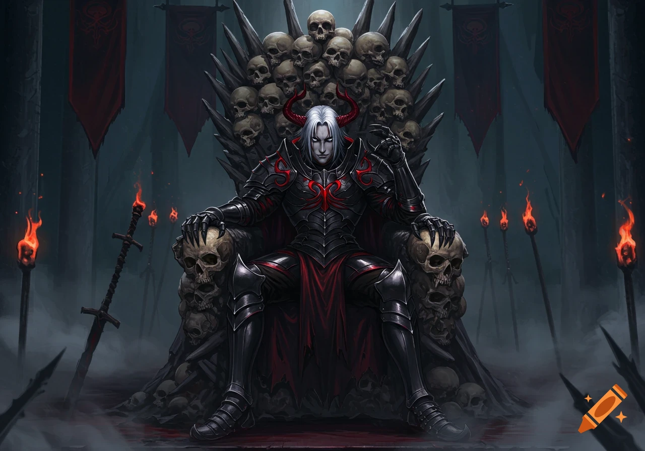 An anime-style dark lord with white hair, red horns, and black and red armor sits on a throne made of skulls in a dim, torch-lit chamber.