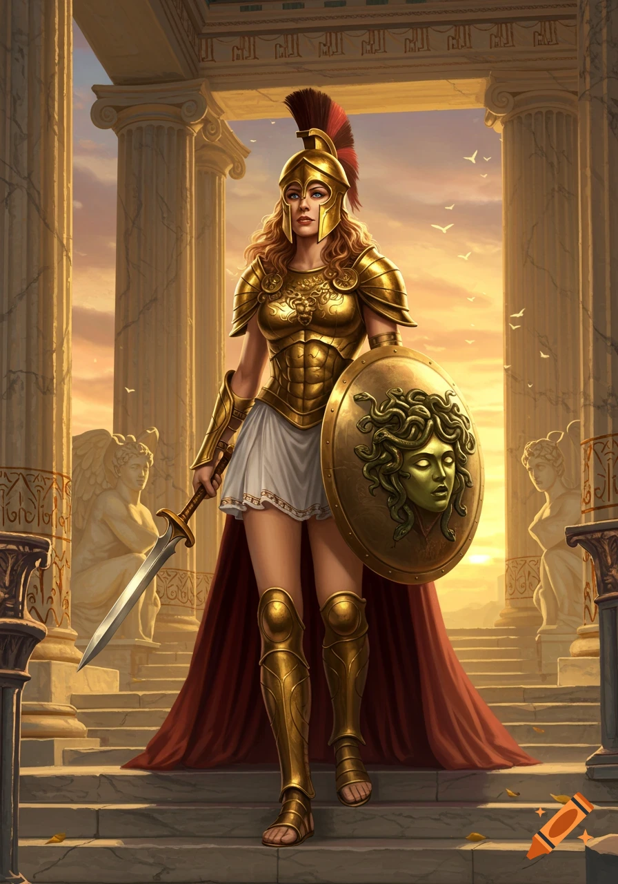 A powerful female Spartan warrior in red and gold armor stands with a spear  and shield before ancient ruins at sunset, flanked by other warriors. on  Craiyon, image size:896x1280