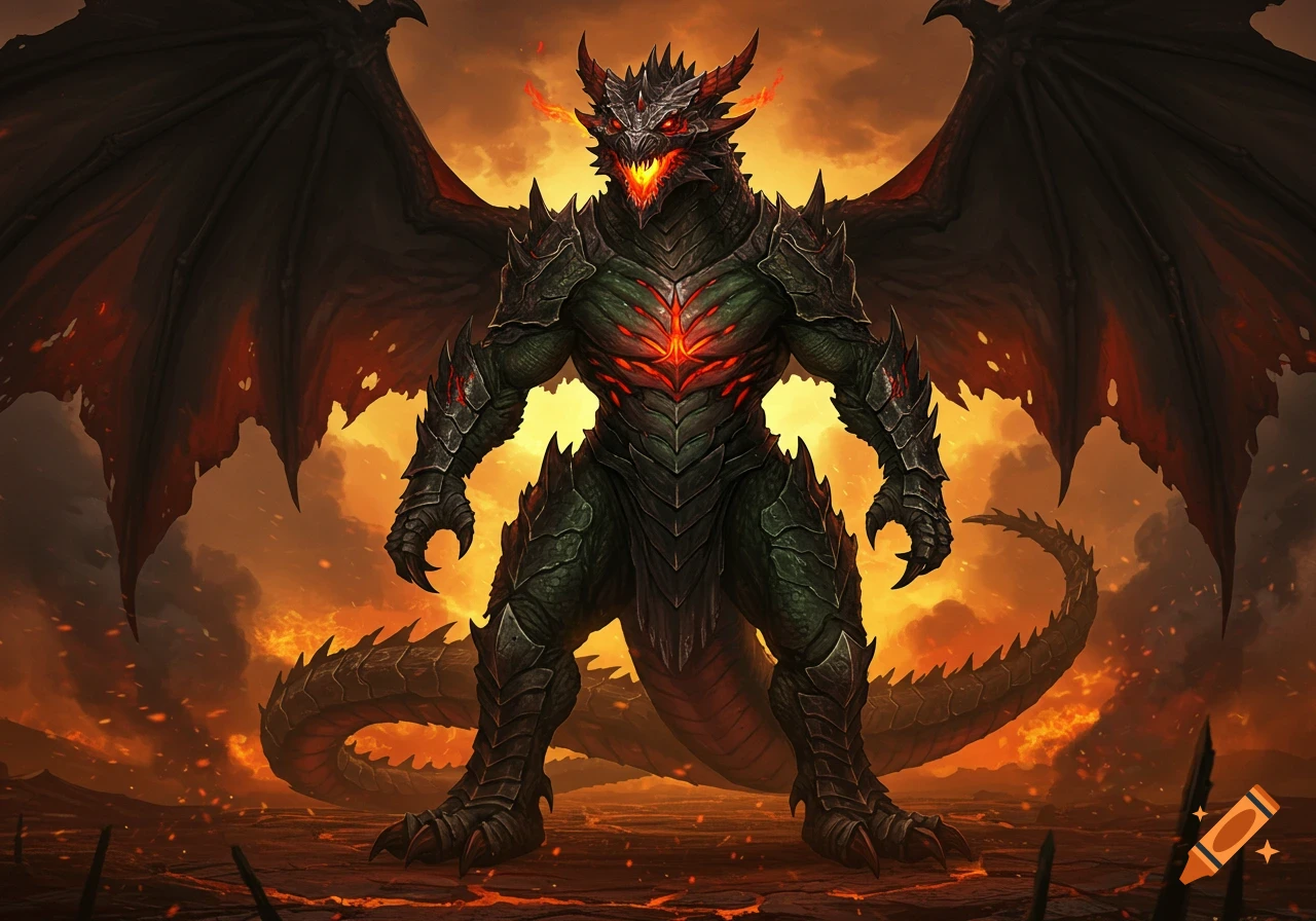 A powerful black and green armored dragon with red eyes and a glowing chest stands on two legs amidst a fiery, desolate landscape.
