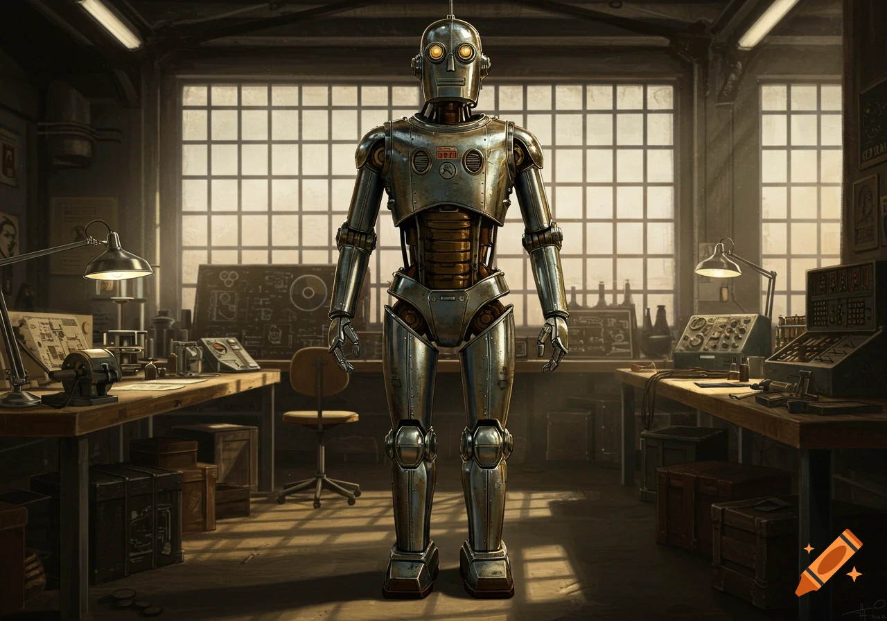 A vintage-style robot stands in the center of a cluttered, industrial workshop with large windows in a photorealistic style.