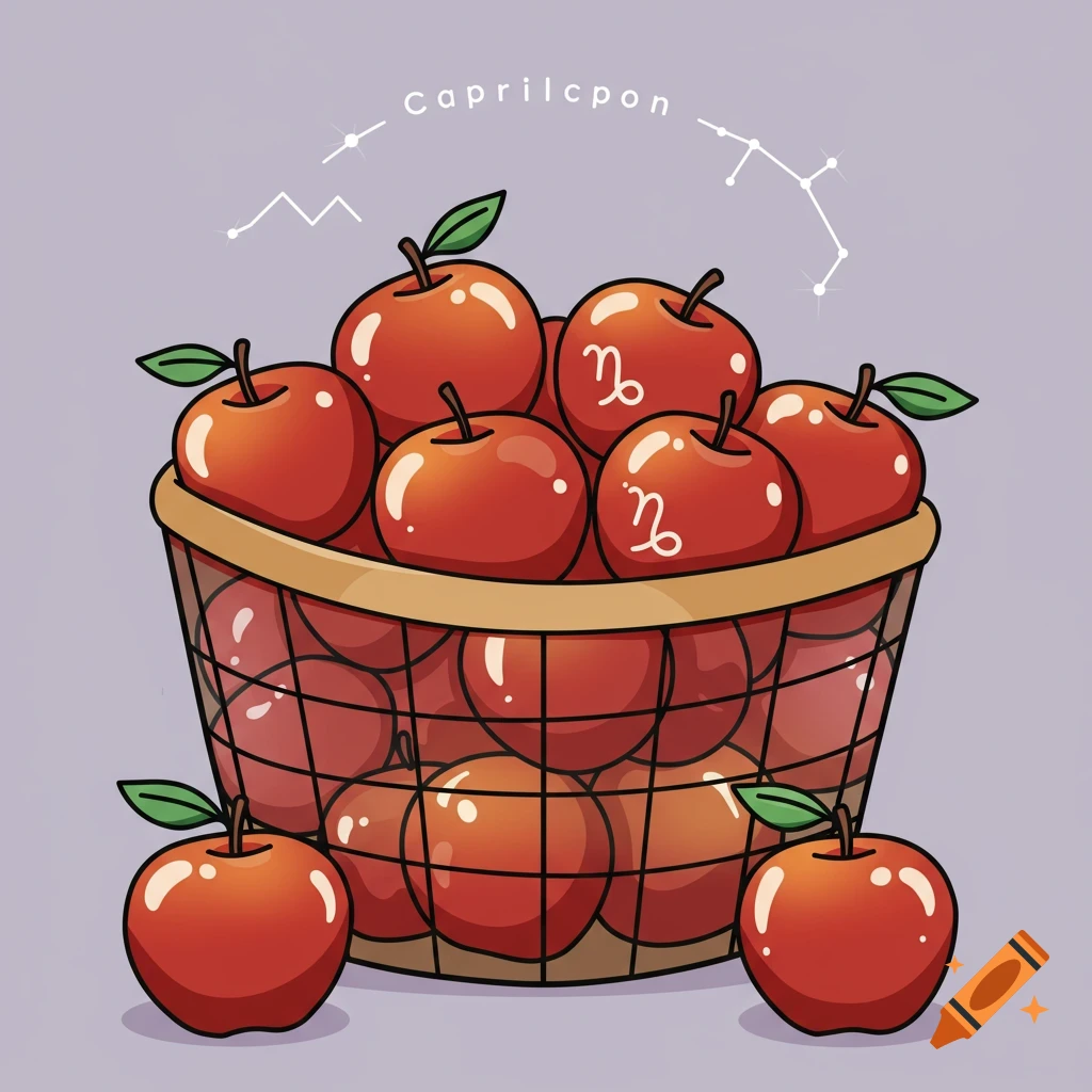 A basket of red apples with Capricorn symbols and a constellation in a flat design illustration.