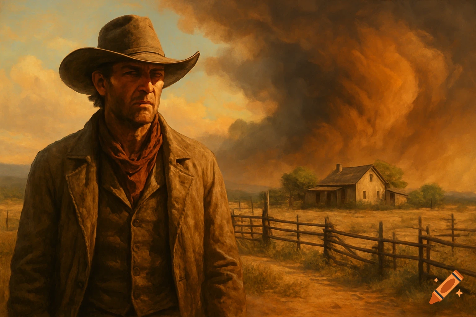 A determined cowboy in a hat and jacket stands in a dry field with a fence and a farmhouse under a dramatic orange, stormy sky, painted style.