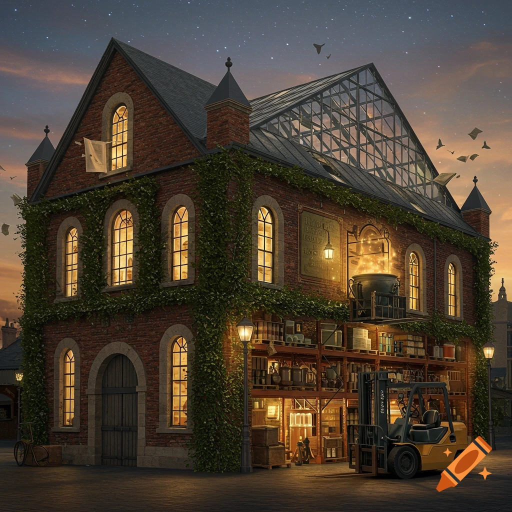 A magical brick warehouse, covered in ivy, with a glass roof, glowing windows, a cauldron on a balcony, and a forklift outside at dusk.