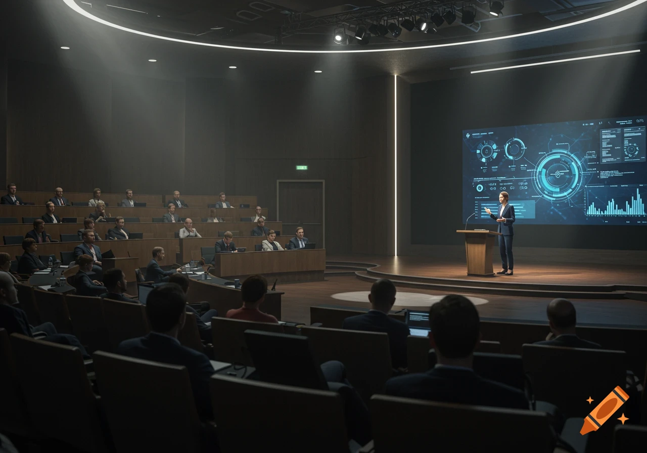 A photorealistic image of a woman presenting in a large, modern conference room with an audience and data displayed on a screen.
