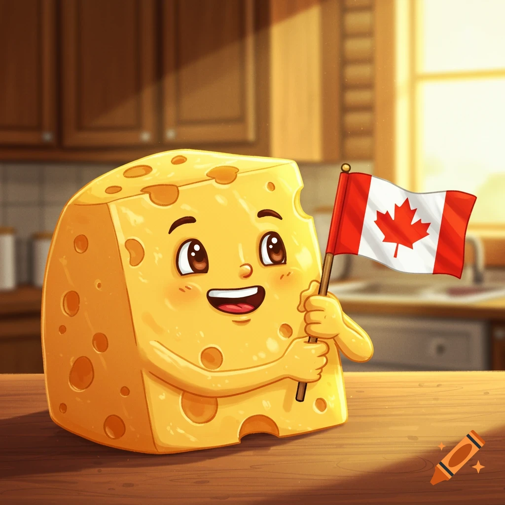 A happy cartoon block of cheese with a smiling face holds a Canadian flag on a wooden table in a sunny kitchen.