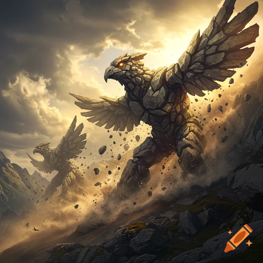 Two colossal rock bird golems stomp through a dusty mountain pass under a dramatic sky, kicking up debris. Digital art.