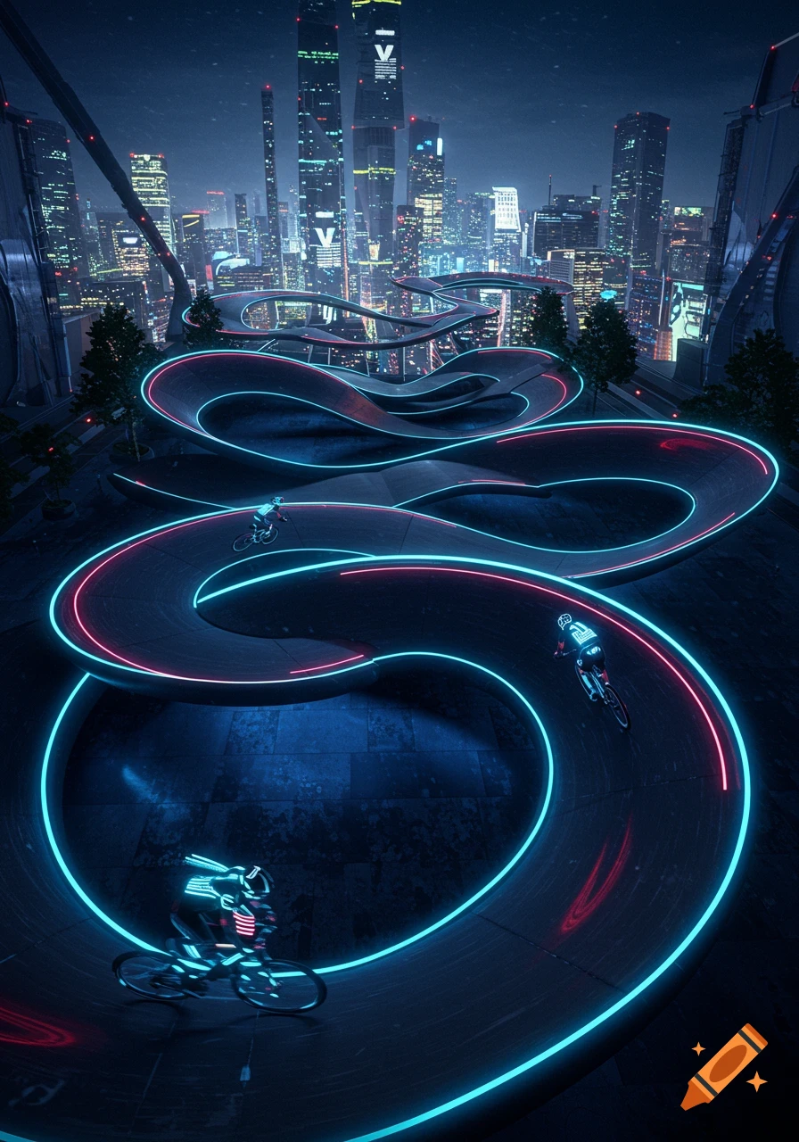 Futuristic cityscape at night with neon-lit winding bike pump tracks and cyclists.