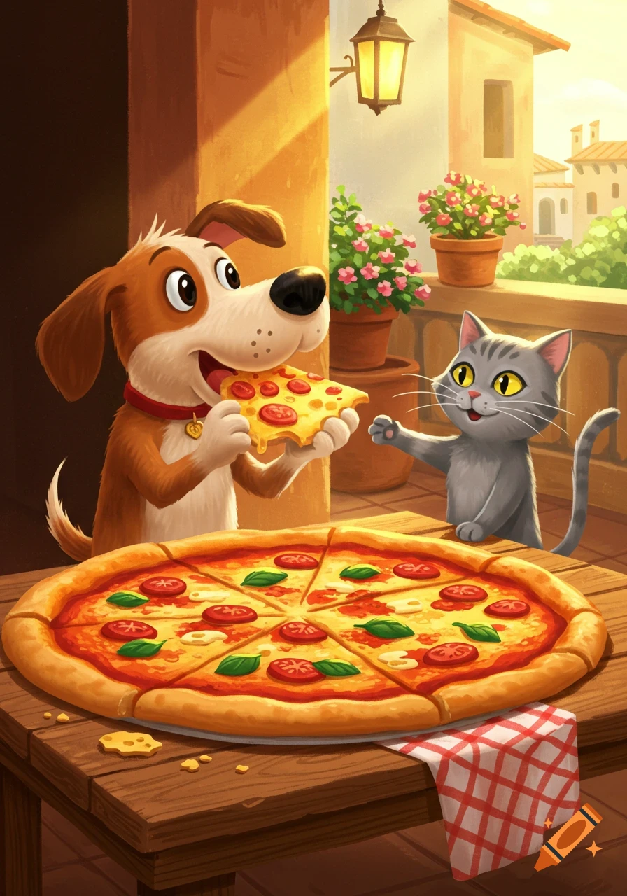 Cartoon dog happily eats a slice of pizza from a whole pizza on a wooden table, while a cat reaches for it on an Italian balcony.