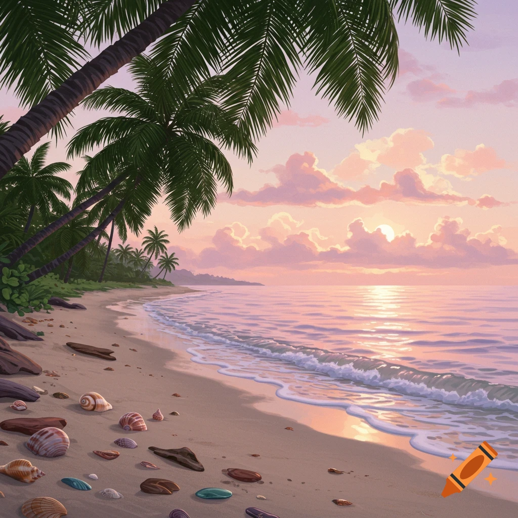 A vibrant illustration of a tropical beach at sunset, with palm trees framing a calm ocean and seashells scattered on the sand.