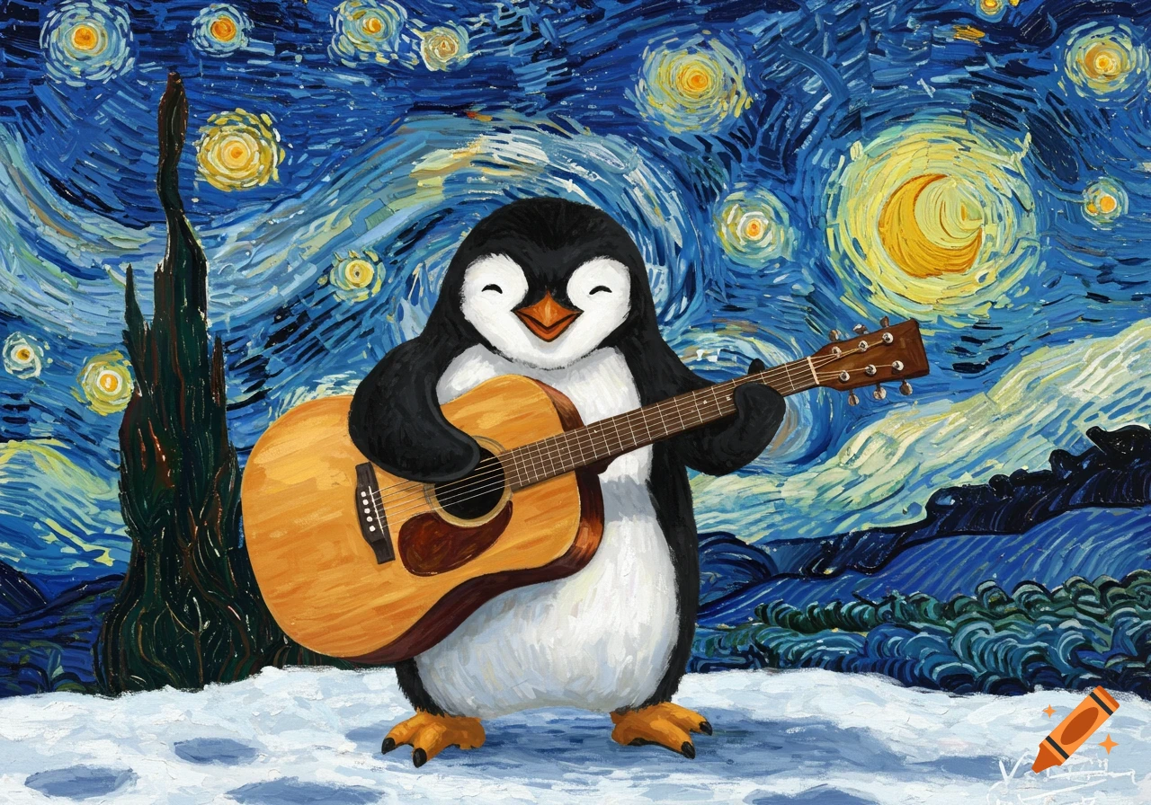 A cheerful penguin plays an acoustic guitar in a snowy landscape, rendered in Van Gogh's Starry Night painting style.