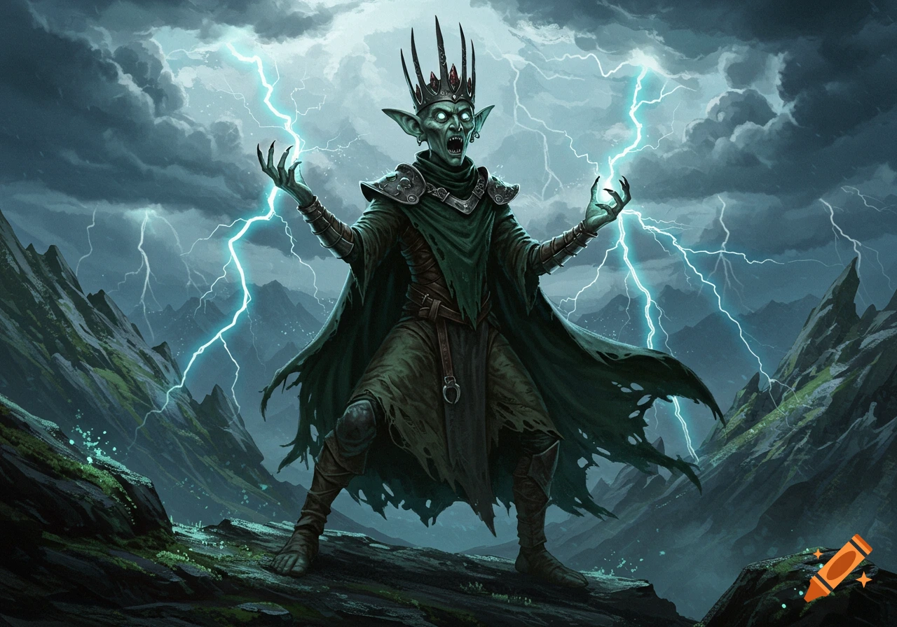 A grotesque goblin king with a spiky crown and glowing eyes stands on a rocky mountain, casting bright blue lightning from his hands into a stormy sky.