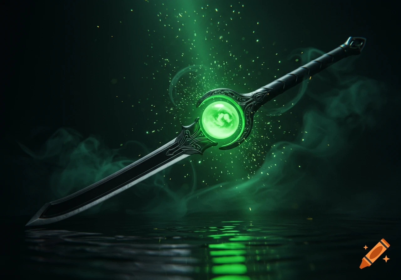 An ornate black sword with a glowing neon green sphere in its guard, surrounded by green smoke and reflected in dark water.