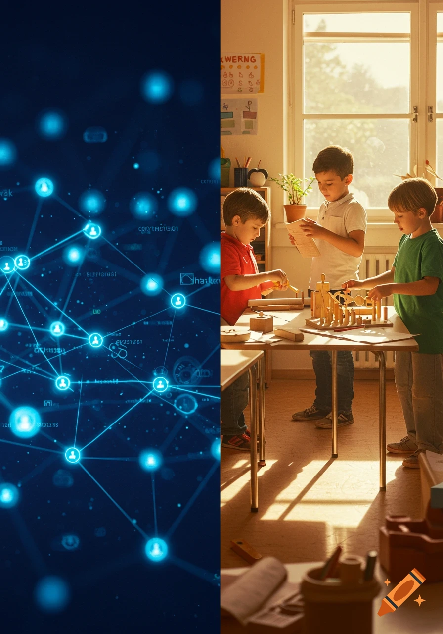 Split image showing a blue digital network with glowing nodes on the left, and three young boys engaged in activities in a sunlit classroom on the right.