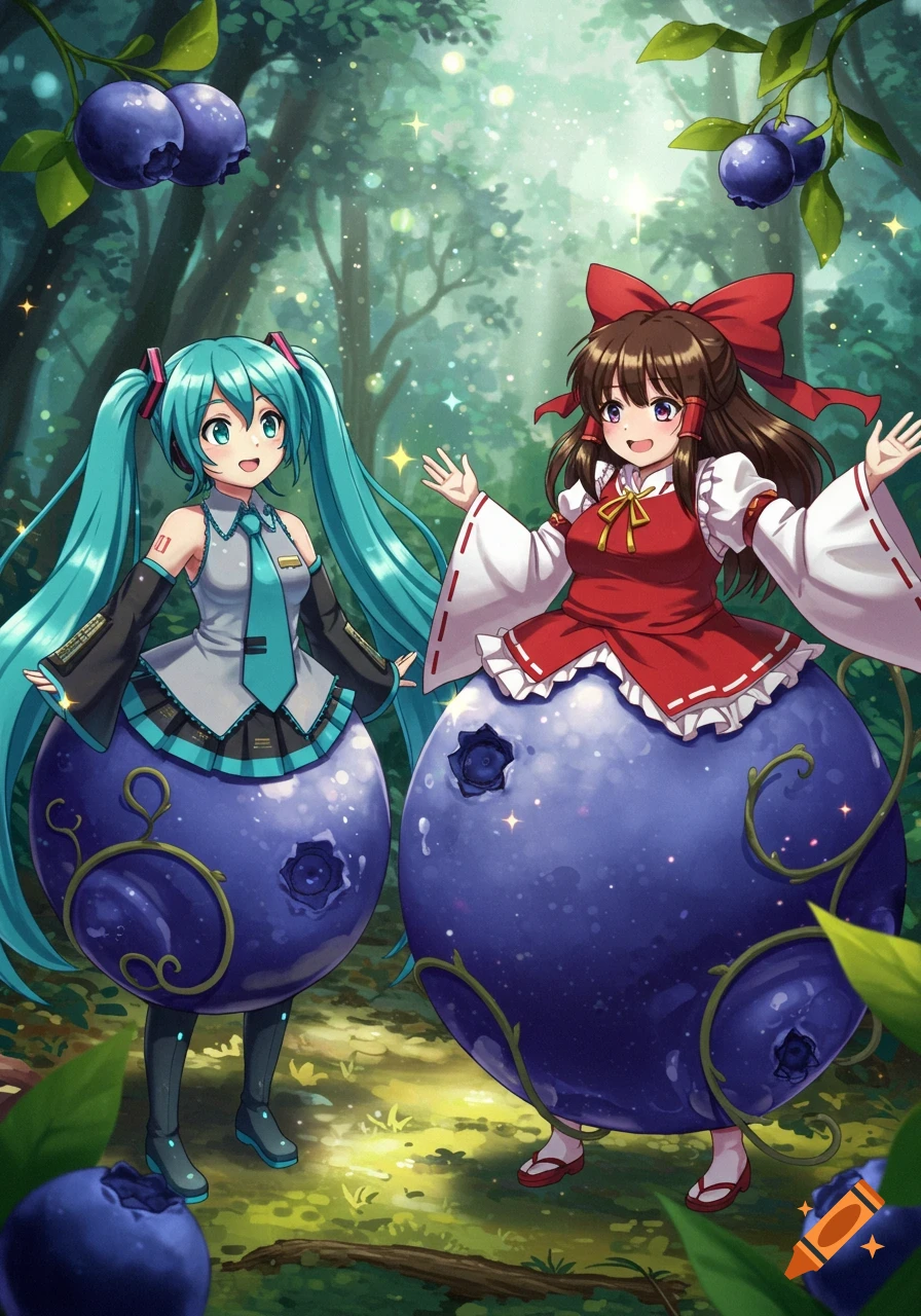 Anime illustration of Hatsune Miku and Reimu Hakurei as blueberries in a magical forest.
