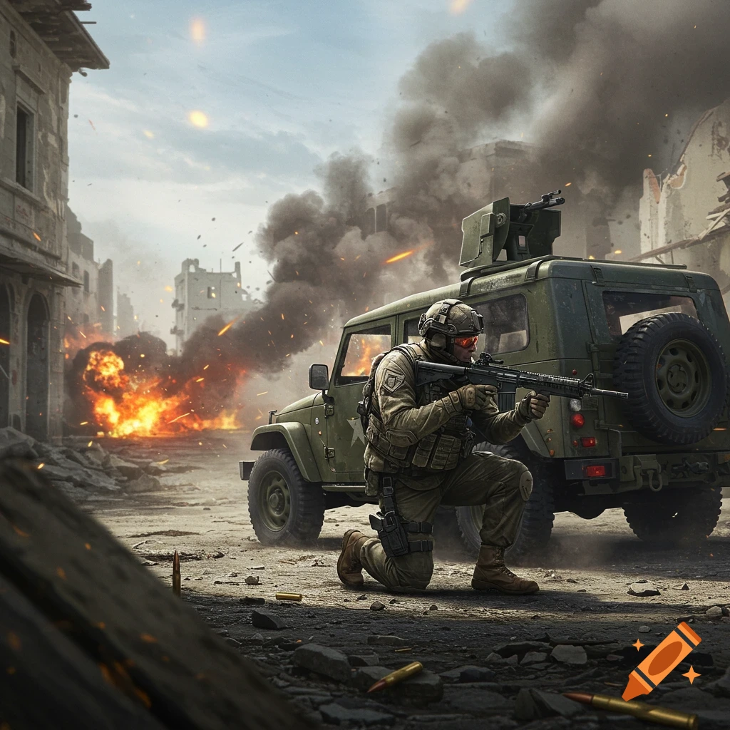 A soldier kneels and aims a rifle in a destroyed city street with explosions and smoke behind a military jeep, photorealistic style.