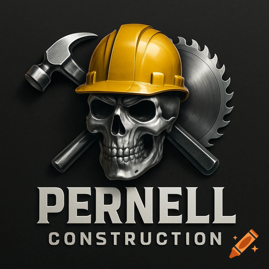A menacing silver skull wearing a yellow hardhat, with a hammer and saw blade crossed behind it, above 'PERNELL CONSTRUCTION' text.
