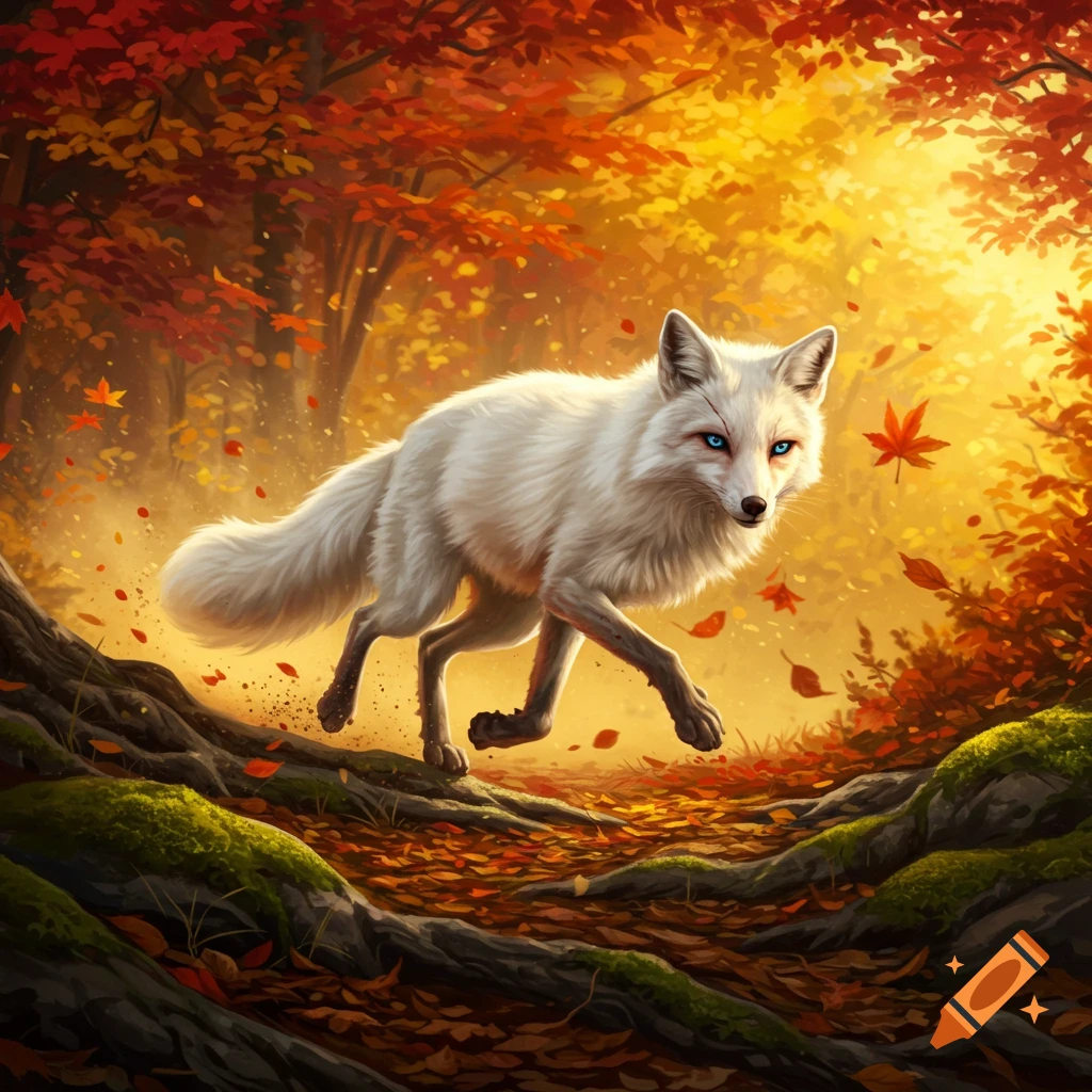 Illustrative white fox with blue eyes running through a sunlit autumn forest with red and orange leaves on the ground.