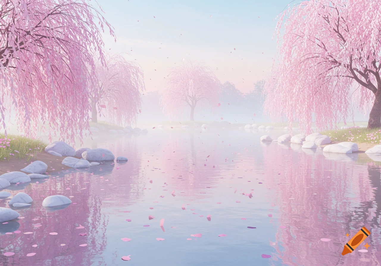 A serene river lined with pink cherry blossom trees, their petals gently falling onto the water, creating a dreamy pastel landscape.