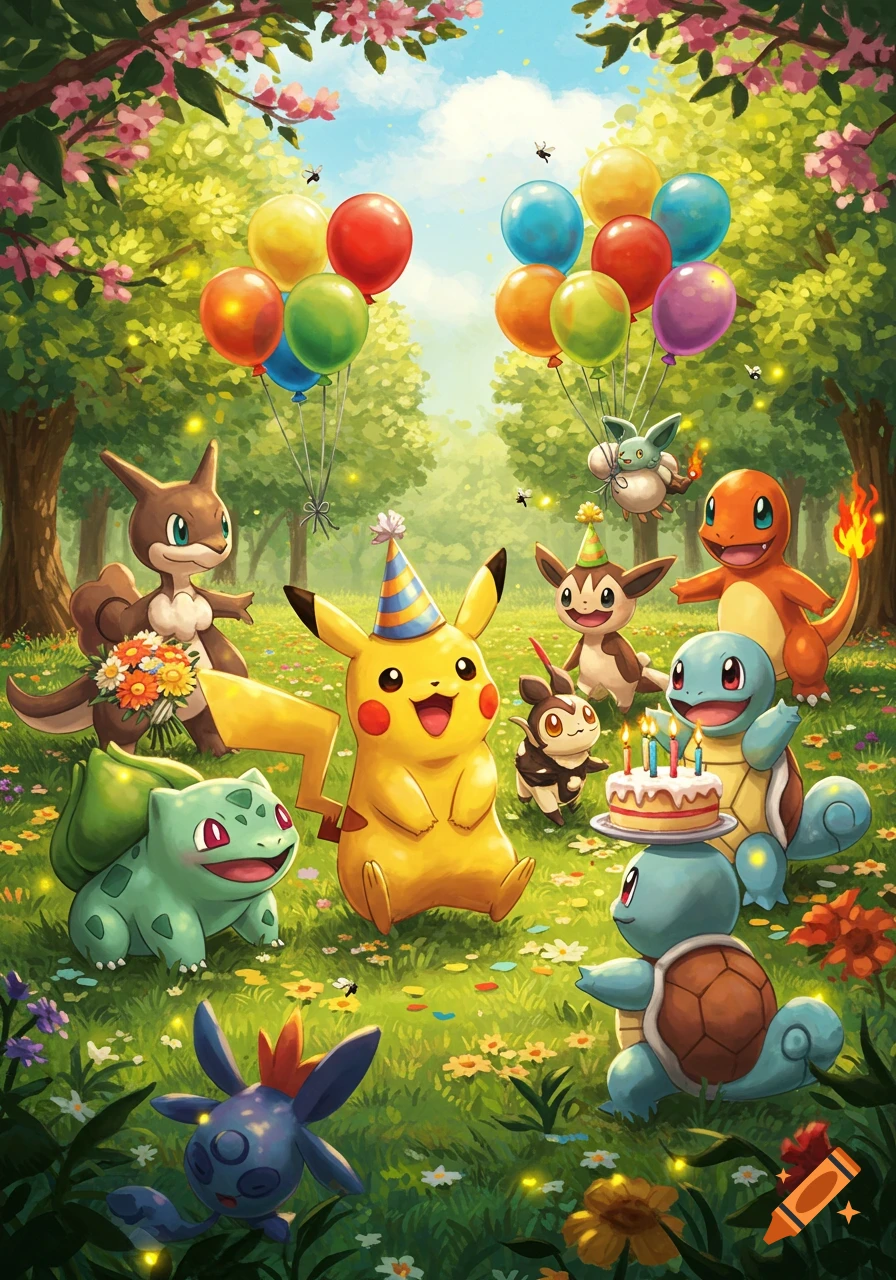 Vibrant illustration of Pikachu, Bulbasaur, Charmander, and other Pokémon having a birthday party in a lush green field with balloons and cake.