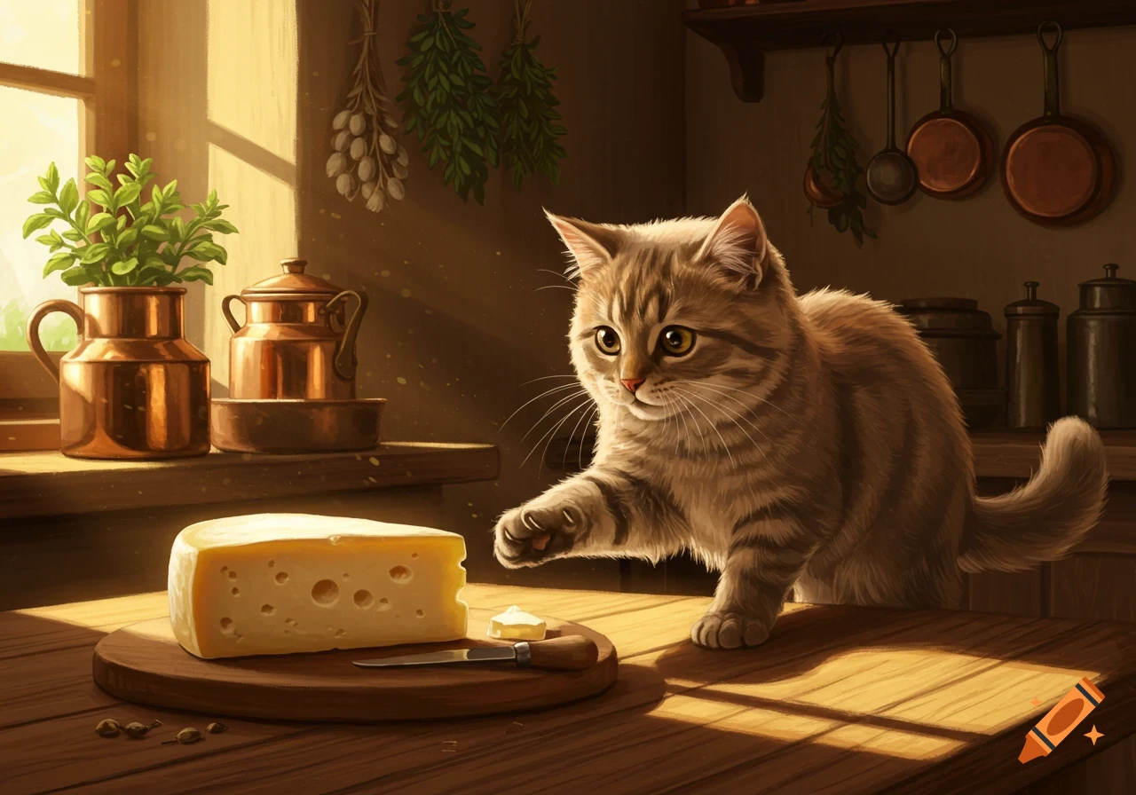 A cute tabby kitten reaches for a wedge of Swiss cheese on a cutting board in a sunlit rustic kitchen.