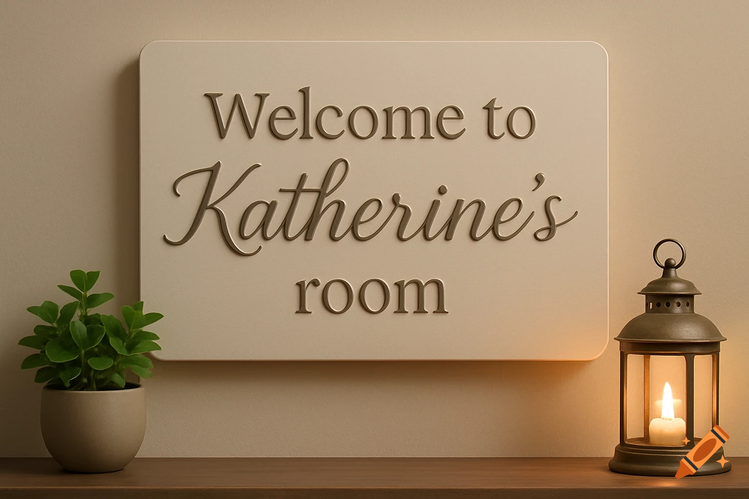 A rustic lantern and a small potted plant sit on a wooden shelf next to a beige sign that reads 'Welcome to Katherine's room'.