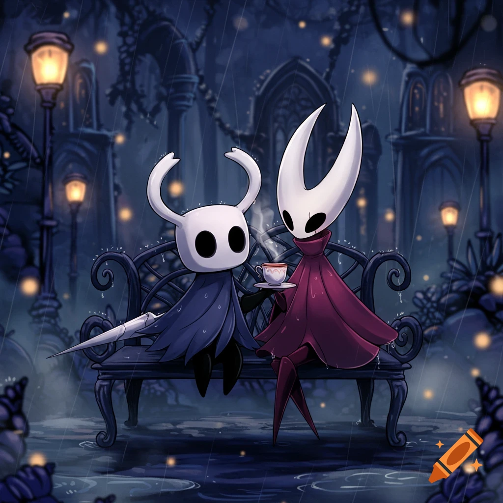 Hollow Knight and Hornet sit on a bench in the rain, sipping tea in a stylized video game art style.