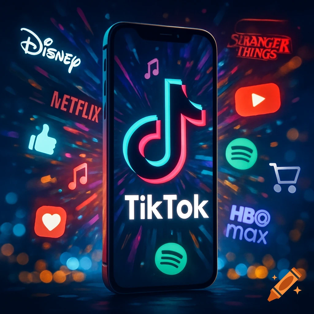Smartphone displaying TikTok logo, surrounded by glowing logos of Disney, Netflix, Stranger Things, HBO Max, YouTube, Spotify, and social media icons.