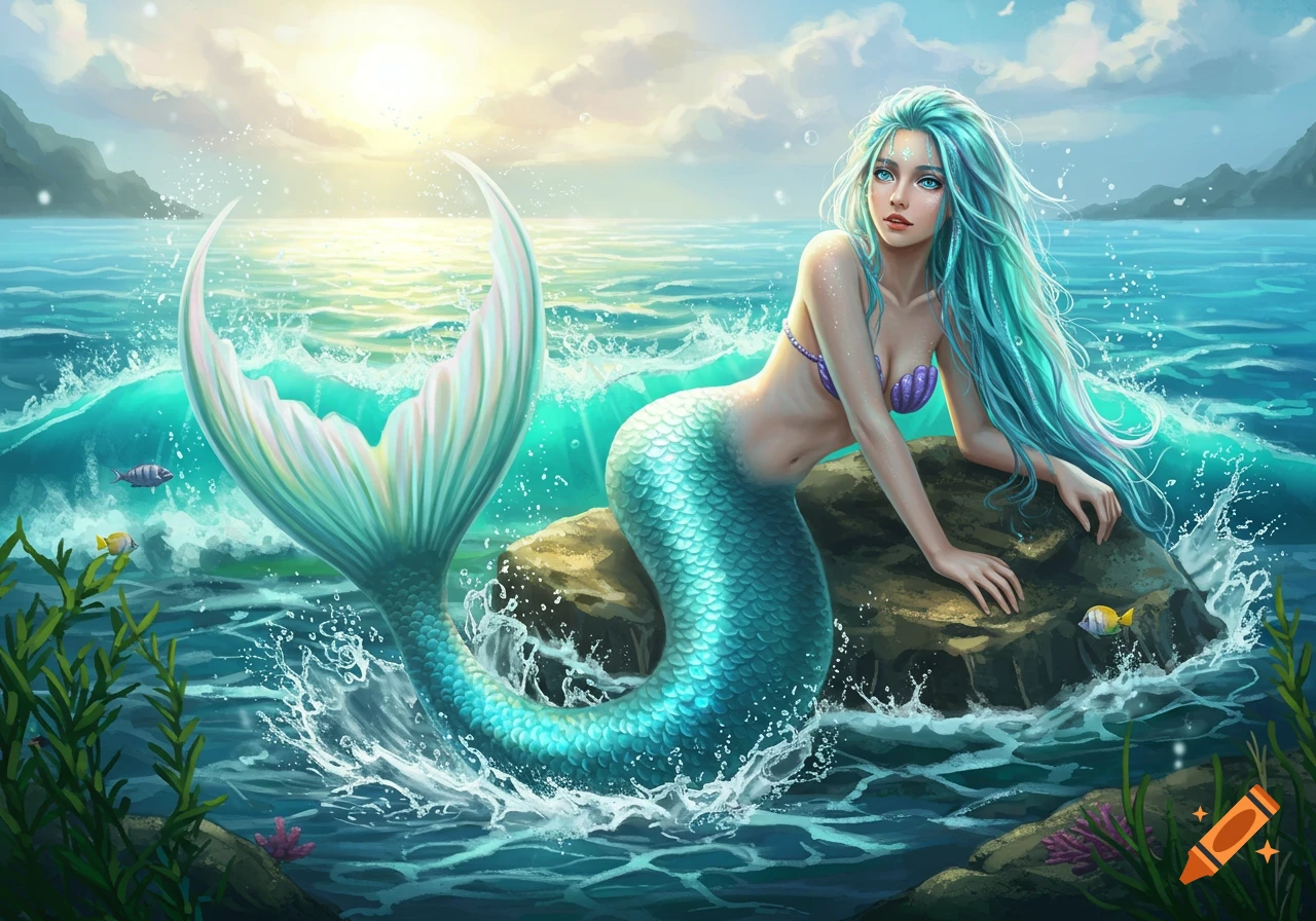 A vibrant fantasy illustration of a mermaid with blue hair and a teal tail, leaning on a rock in a sunny ocean with splashing waves and distant islands.
