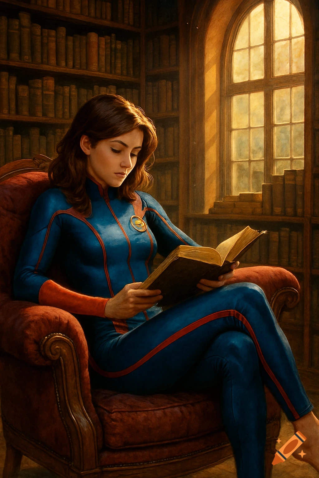 A woman in a blue catsuit with red trim sits in an armchair in a sunlit library, reading a book. Photorealistic style.