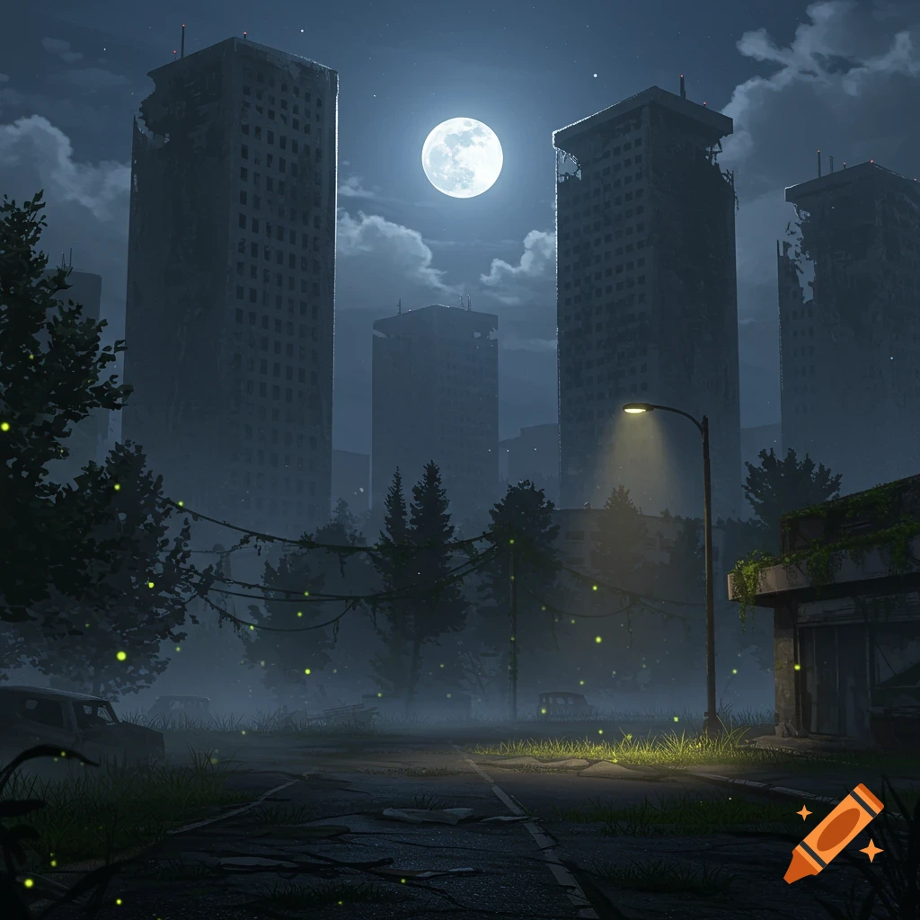 Digital painting of an abandoned city at night. Ruined skyscrapers, a full moon, a lone street lamp, and fireflies in misty, overgrown streets.