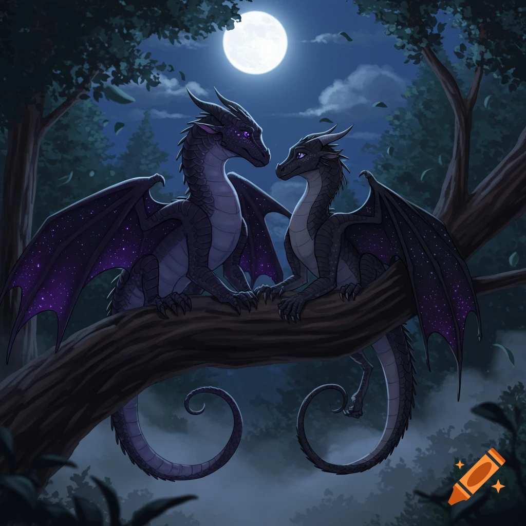 Two dark dragons with starry purple wings and glowing eyes sit on a tree branch, gazing at each other under a full moon in a dark forest.